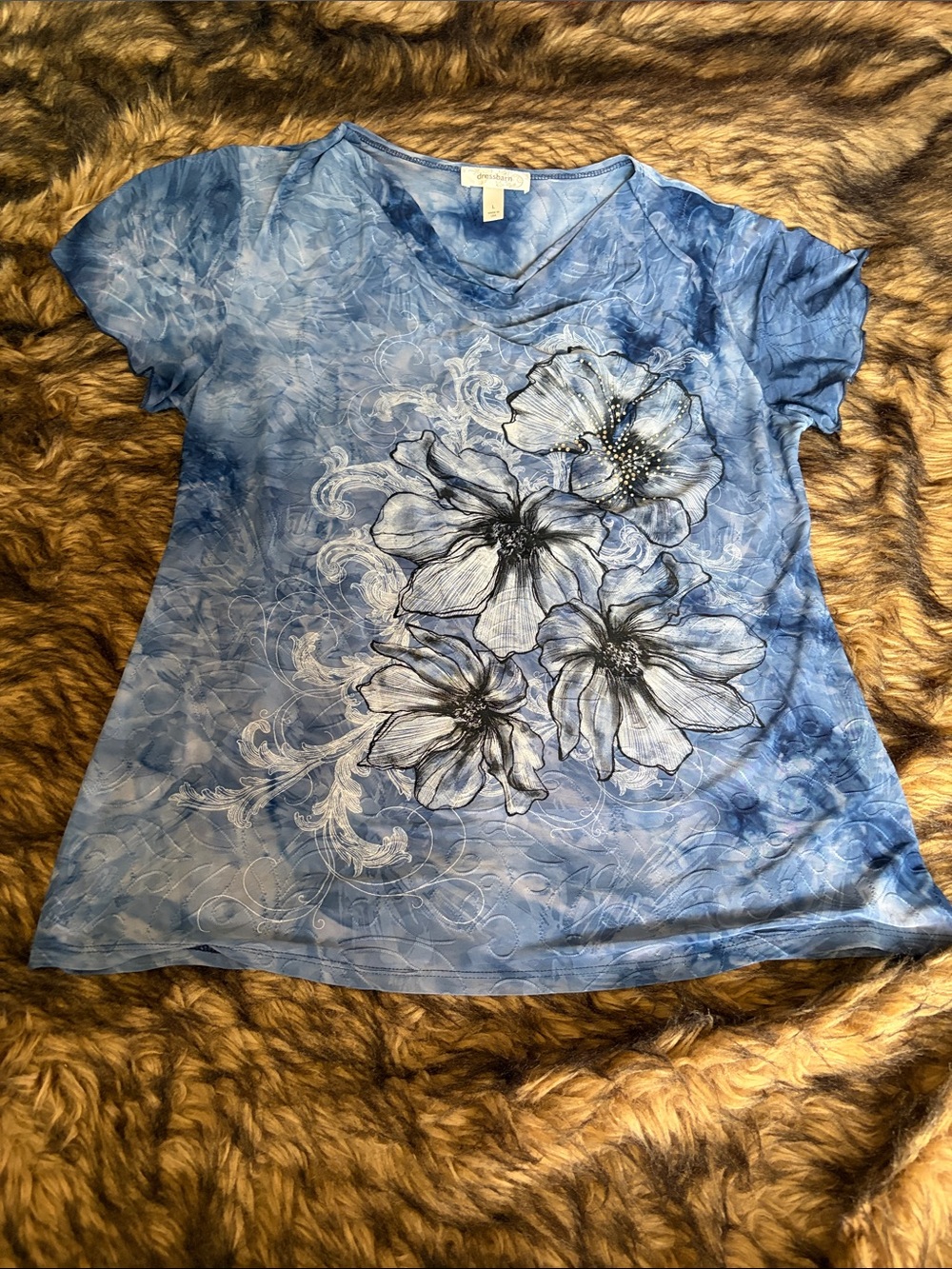 Dressbarn Blue Swirl Floral Top Embellished With Rhinestones Size Large